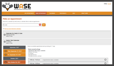 Screen shot from the WASE system showing making an appointment